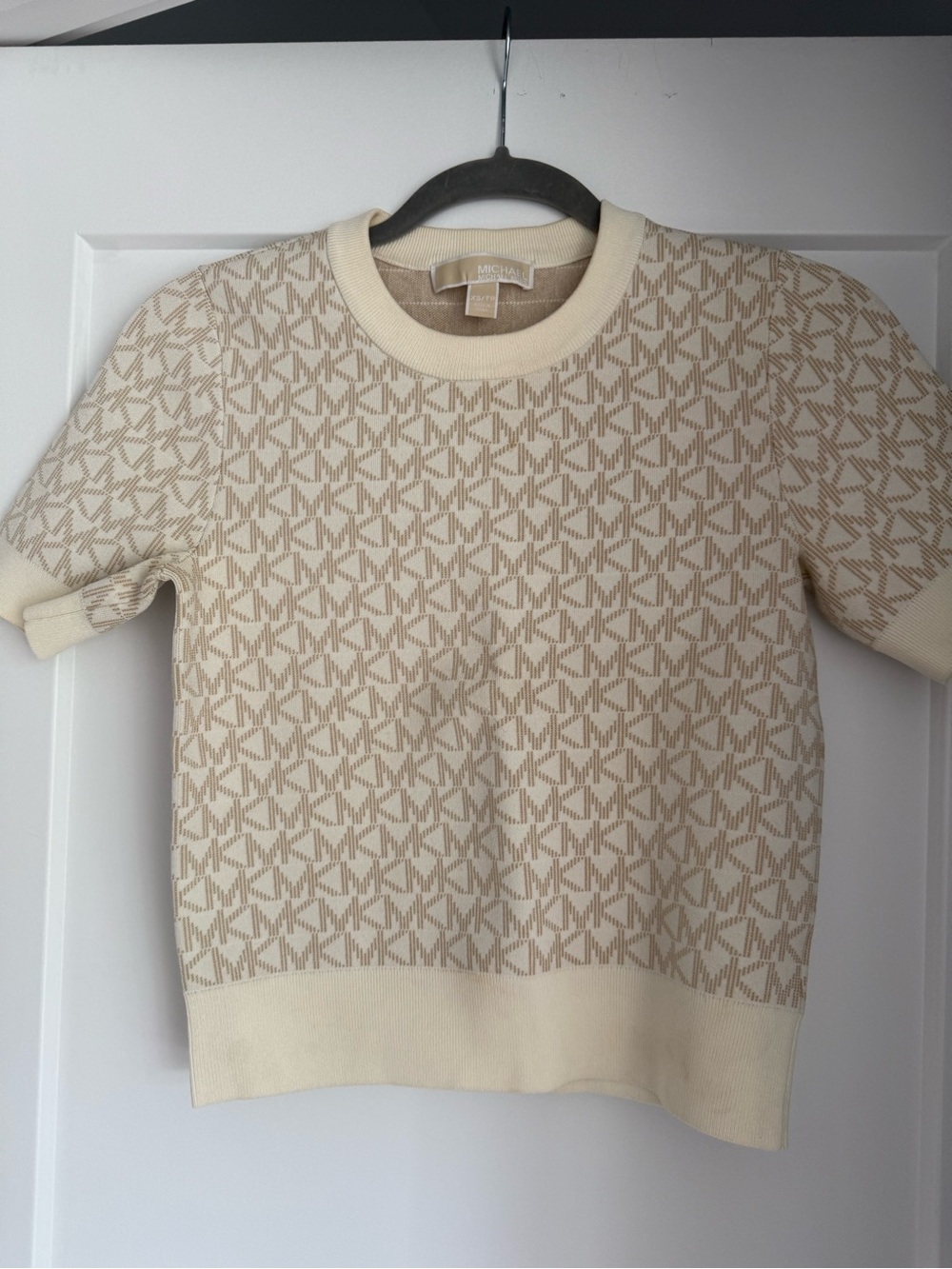 Michael Kors Cream & Beige Logo Knit Short Sleeve Top